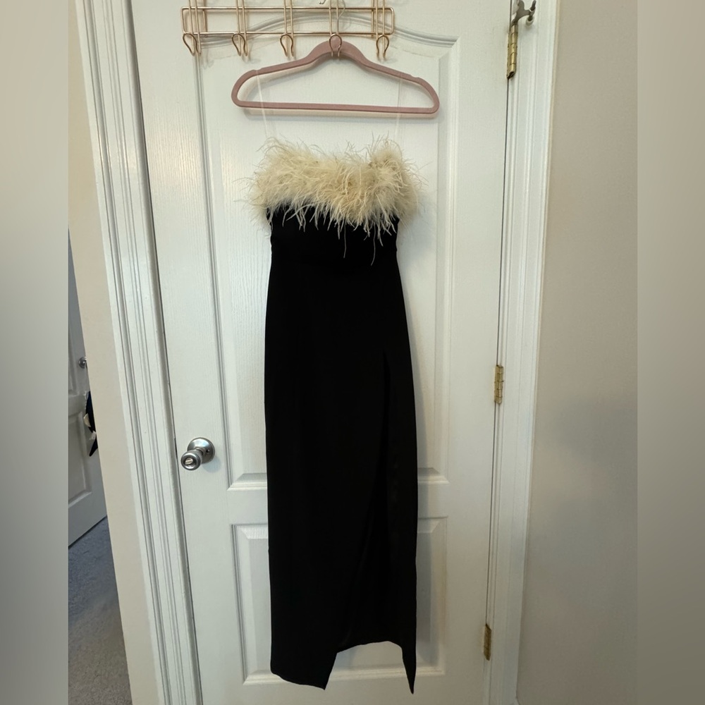 House of CB black feather trim dress